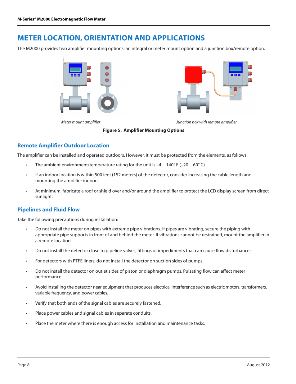 Meter location, orientation and applications, Remote amplifier outdoor location, Pipelines and fluid flow | Badger Meter M-Series M2000 User Manual | Page 8 / 60