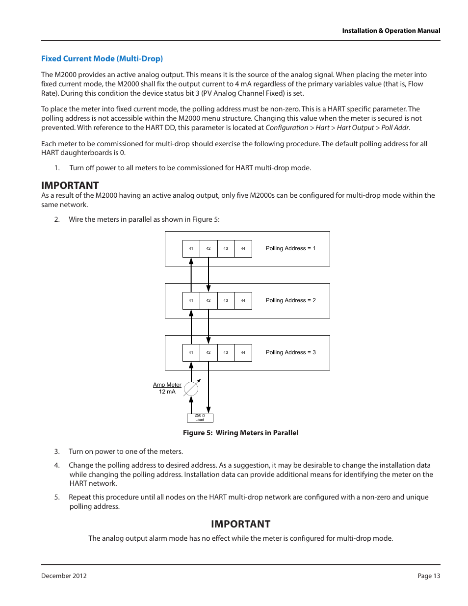 Fixed current mode (multi-drop), Important | Badger Meter M-Series M2000 User Manual | Page 13 / 24