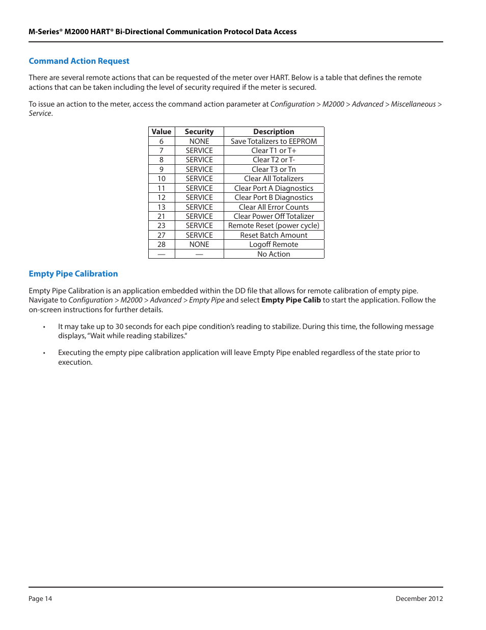 Command action request, Empty pipe calibration | Badger Meter M-Series M2000 User Manual | Page 14 / 24