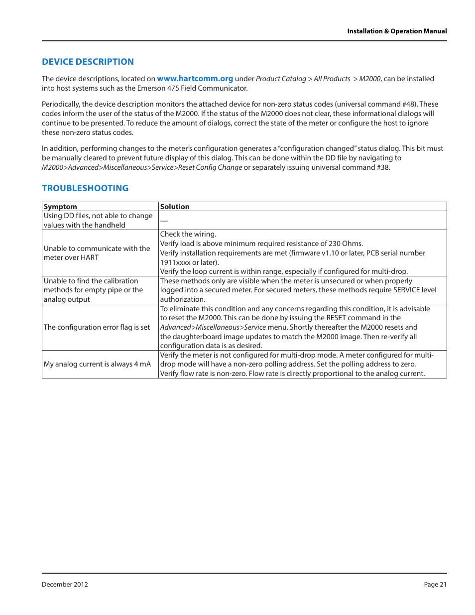 Device description, Troubleshooting | Badger Meter M-Series M2000 User Manual | Page 21 / 24