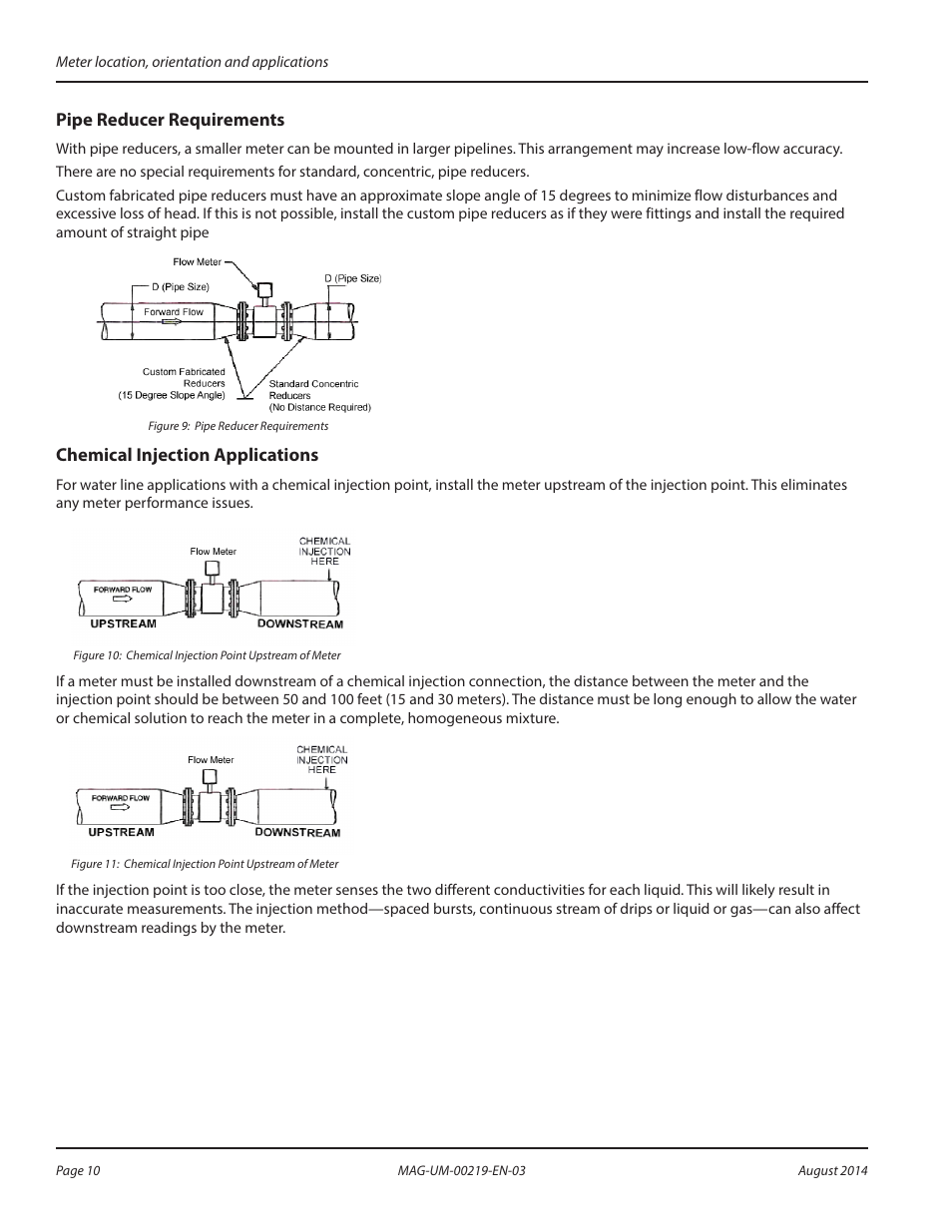 Pipe reducer requirements, Chemical injection applications | Badger Meter M-Series M5000 User Manual | Page 10 / 36