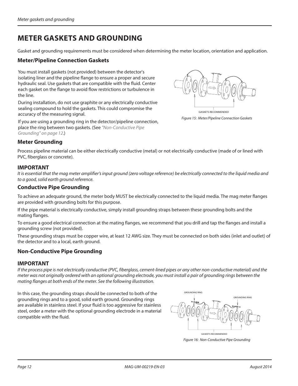 Meter gaskets and grounding, Meter/pipeline connection gaskets, Meter grounding | Conductive pipe grounding, Non-conductive pipe grounding | Badger Meter M-Series M5000 User Manual | Page 12 / 36