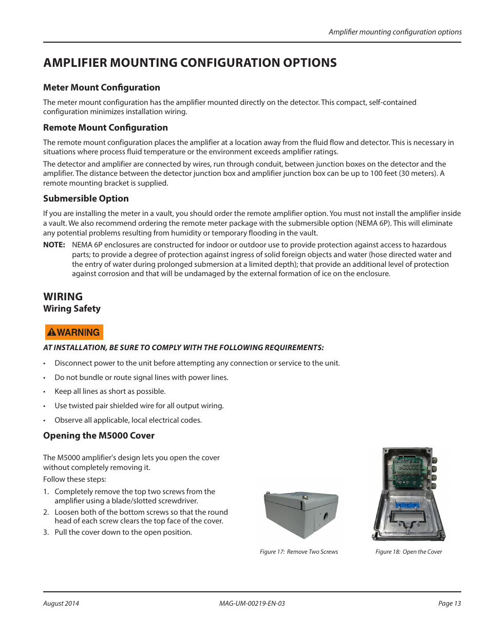 Amplifier mounting configuration options, Meter mount configuration, Remote mount configuration | Submersible option, Wiring, Wiring safety, Opening the m5000 cover, Wiring safety opening the m5000 cover | Badger Meter M-Series M5000 User Manual | Page 13 / 36