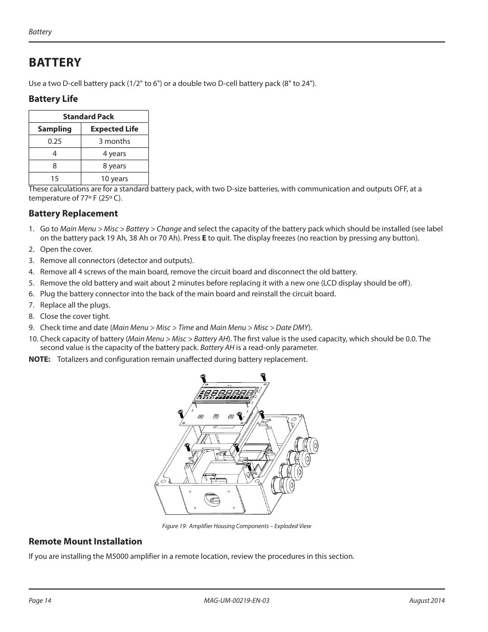 Battery, Battery life, Battery replacement | Remote mount installation | Badger Meter M-Series M5000 User Manual | Page 14 / 36