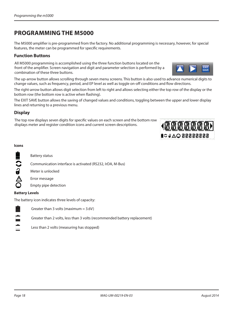 Programming the m5000, Function buttons, Display | Icons, Battery levels, Function buttons display, Icons battery levels | Badger Meter M-Series M5000 User Manual | Page 18 / 36