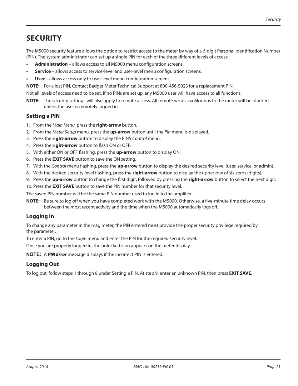 Security, Setting a pin, Logging in | Logging out, Setting a pin logging in logging out | Badger Meter M-Series M5000 User Manual | Page 21 / 36