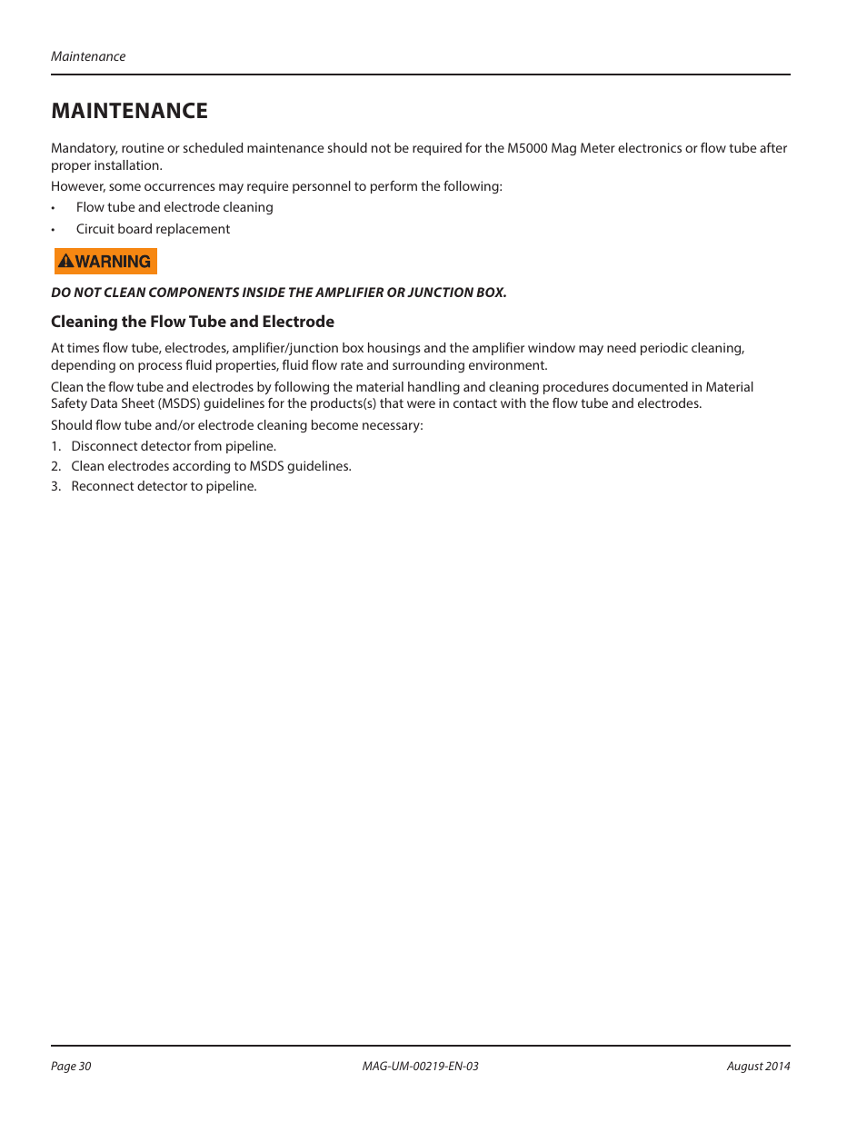 Maintenance, Cleaning the flow tube and electrode | Badger Meter M-Series M5000 User Manual | Page 30 / 36