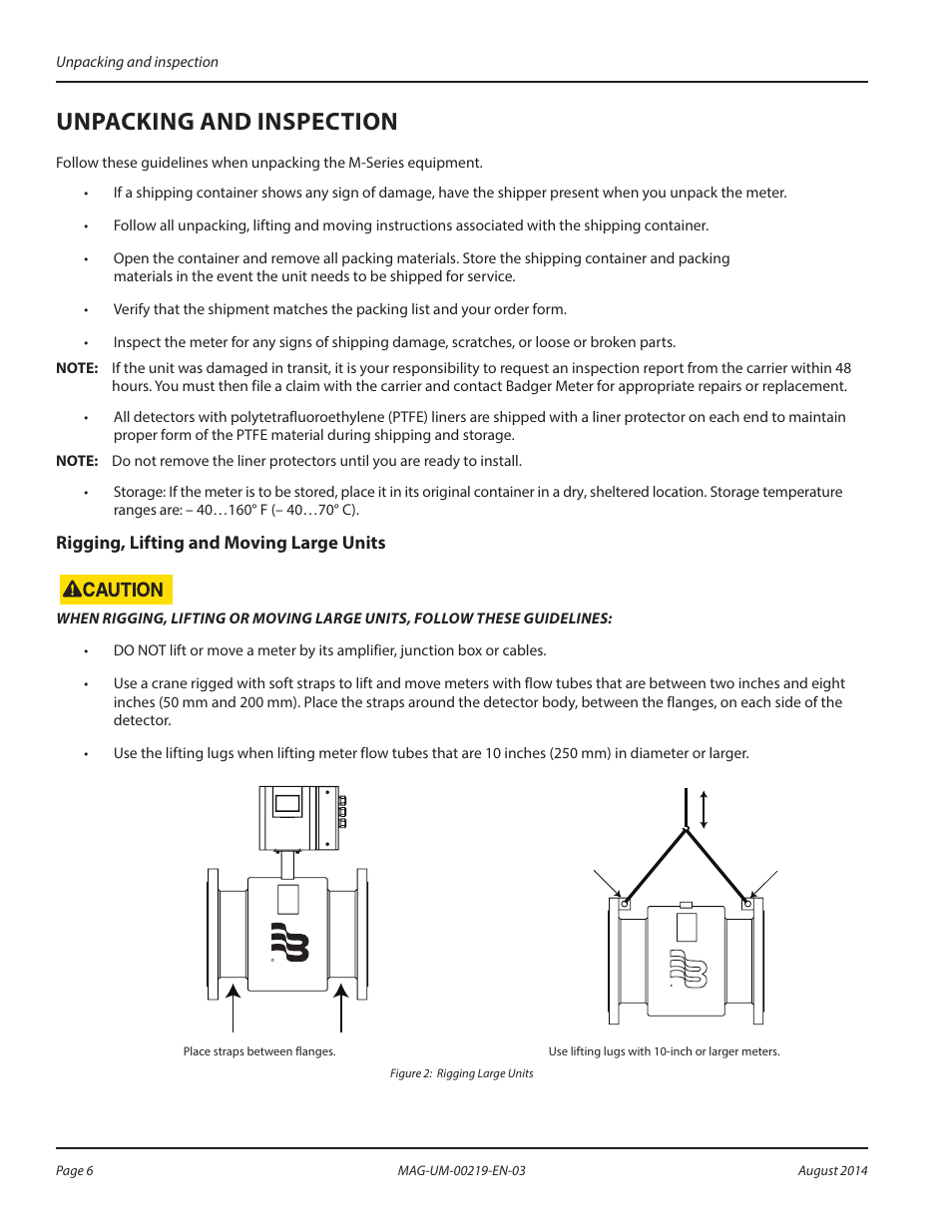 Unpacking and inspection, Rigging, lifting and moving large units | Badger Meter M-Series M5000 User Manual | Page 6 / 36