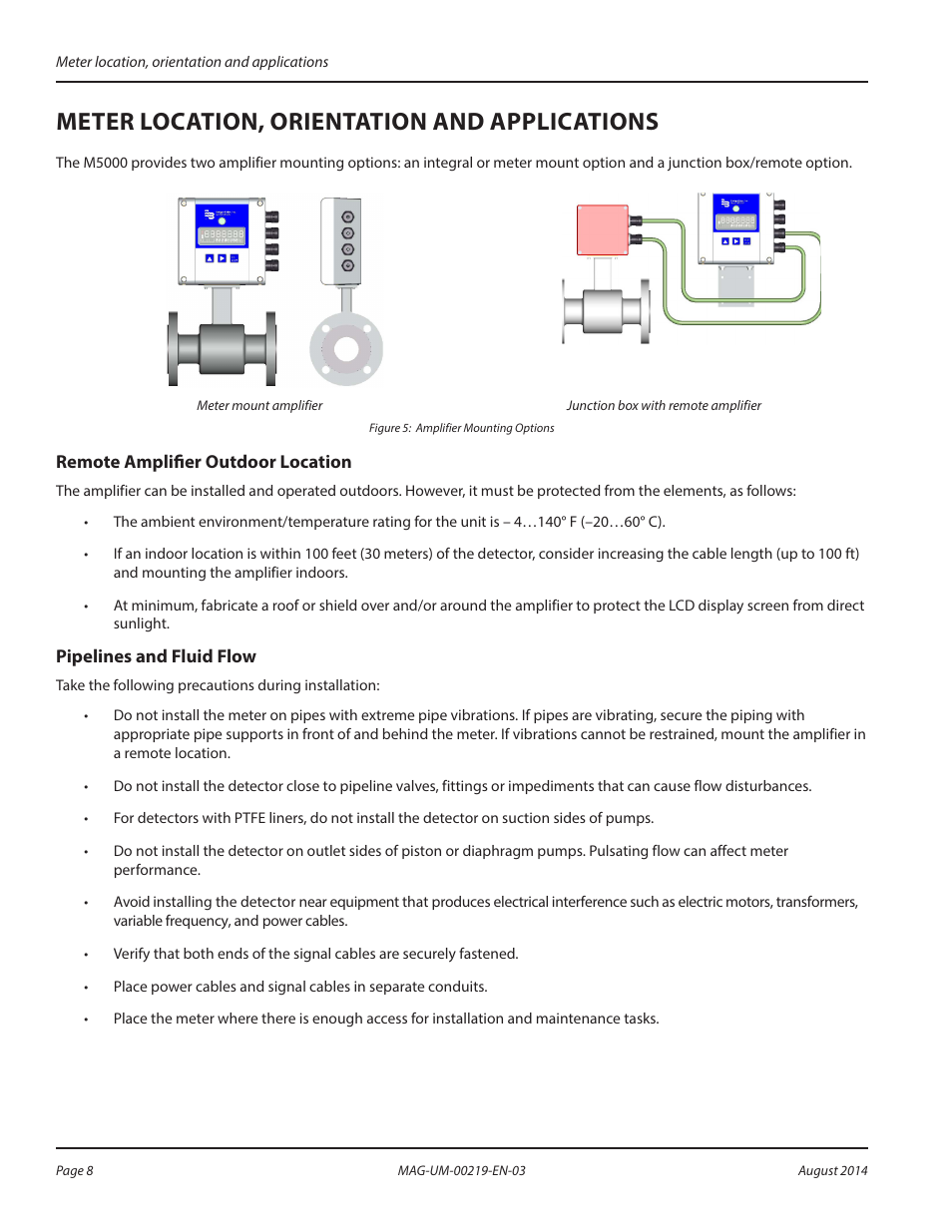 Meter location, orientation and applications, Remote amplifier outdoor location, Pipelines and fluid flow | Badger Meter M-Series M5000 User Manual | Page 8 / 36