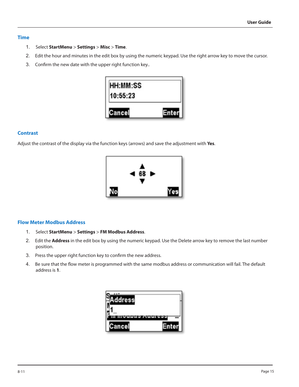 Time, Contrast, Flow meter modbus address | Badger Meter M-Series Field Verification Device User Manual | Page 15 / 24