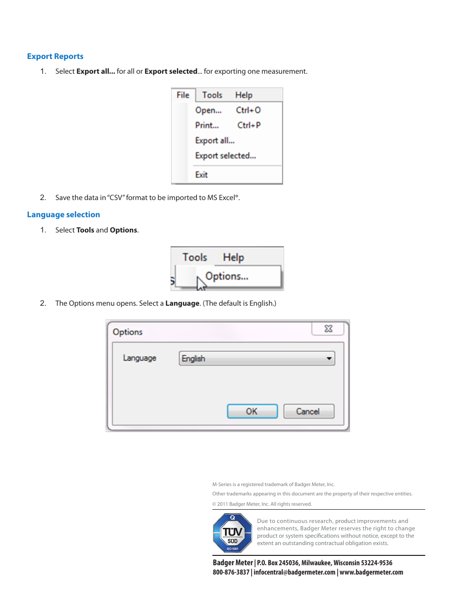 Export reports, Language selection | Badger Meter M-Series Field Verification Device User Manual | Page 24 / 24
