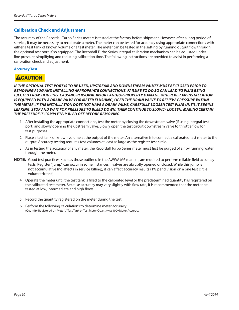 Calibration check and adjustment, Accuracy test, Calibration check and adjustment 10 | Accuracy test 10 | Badger Meter Water Conditioning User Manual | Page 10 / 20