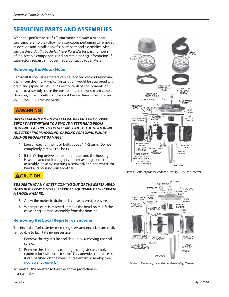 Servicing parts and assemblies, Removing the meter head, Removing the local register or encoder | Servicing parts and assemblies 12 | Badger Meter Water Conditioning User Manual | Page 12 / 20