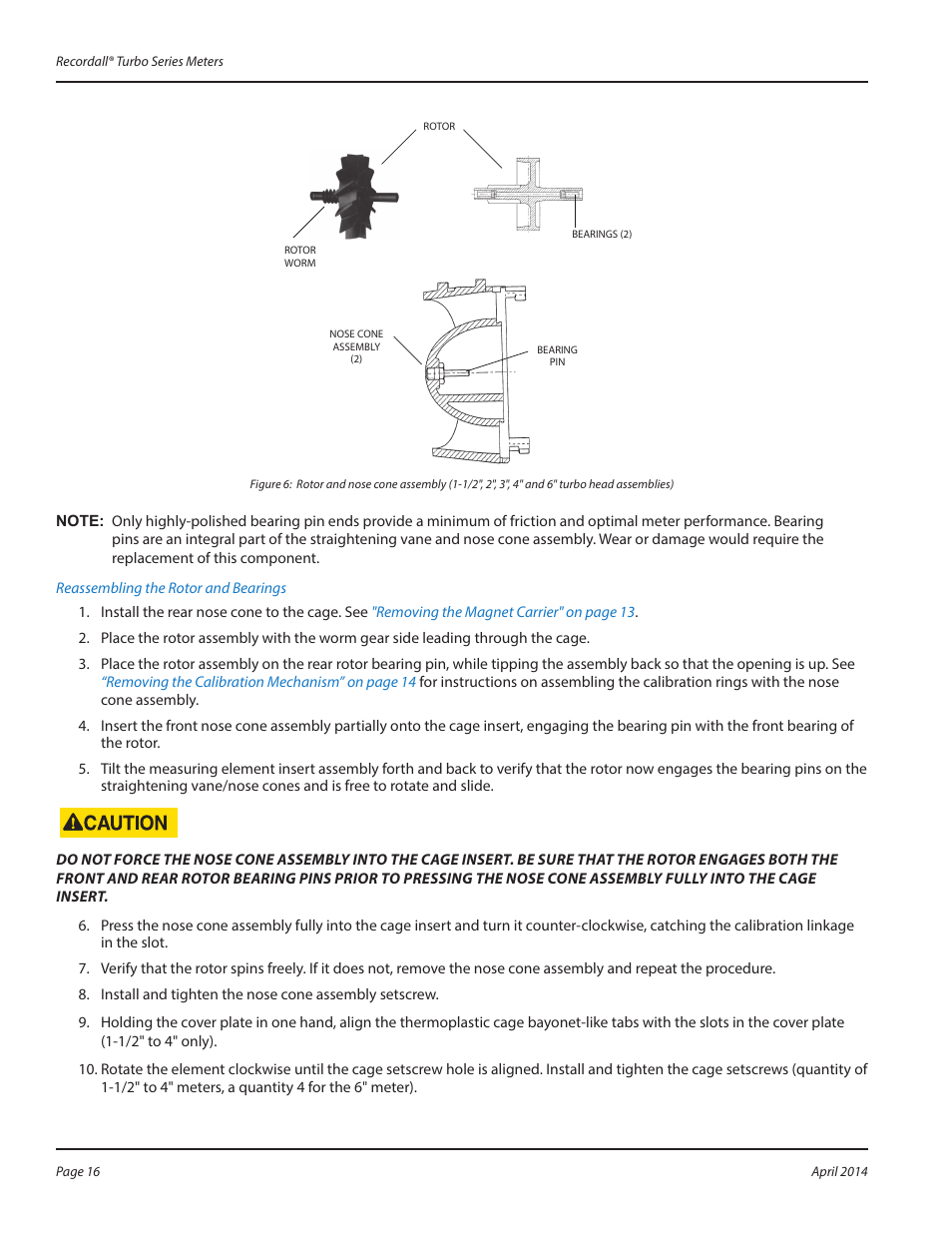 Reinstalling the turbo meter head assembly, Placing the meter back in service, Reinstalling the turbo meter head assembly 16 | Placing the meter back in service 16, Figure 6, Ear (see | Badger Meter Water Conditioning User Manual | Page 16 / 20