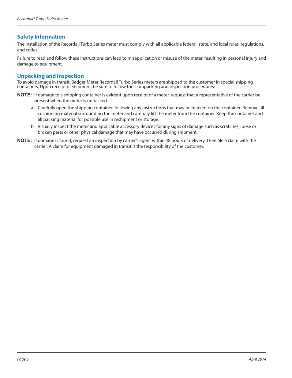 Safety information, Unpacking and inspection, Safety information 6 unpacking and inspection 6 | Badger Meter Water Conditioning User Manual | Page 6 / 20
