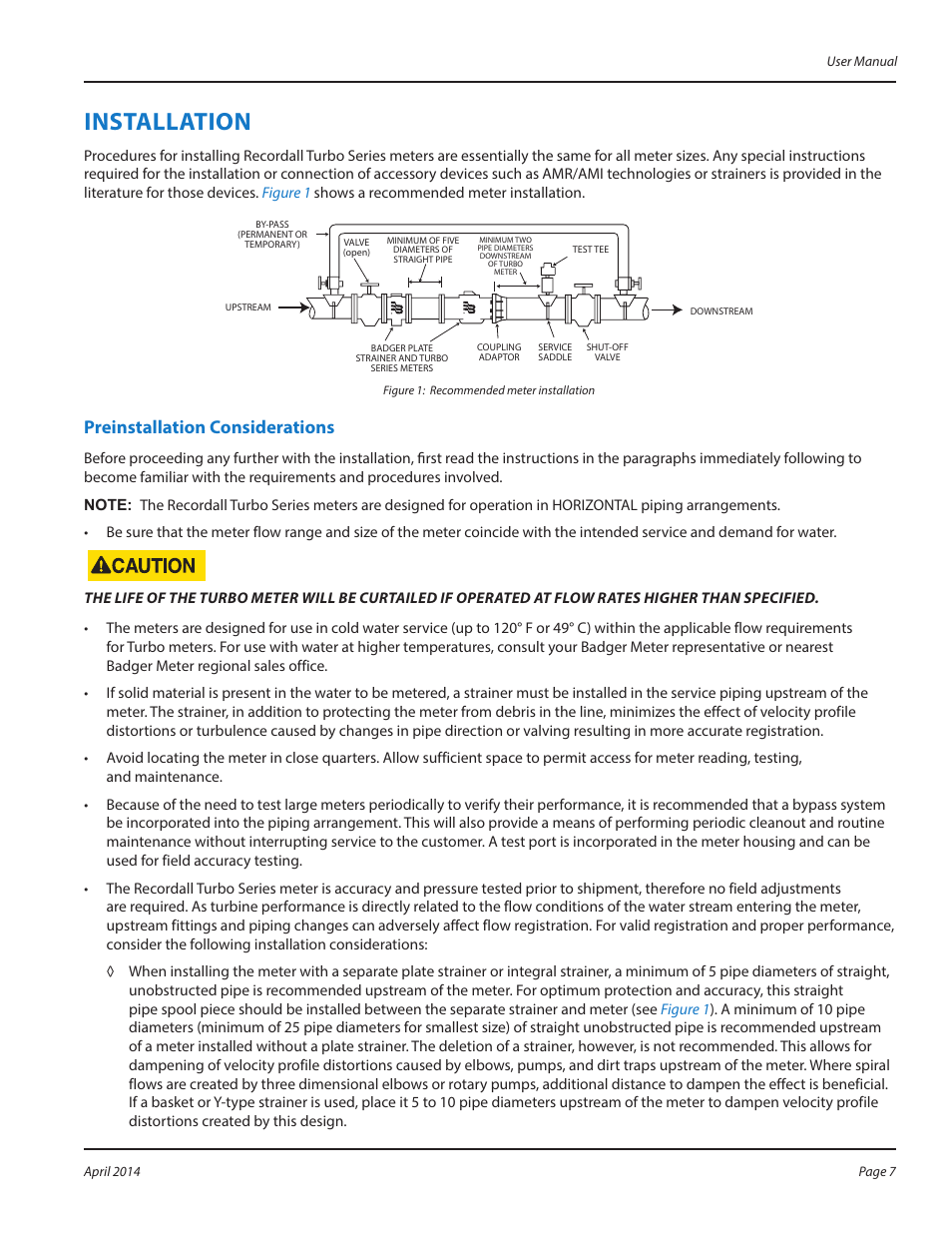 Installation, Preinstallation considerations, Installation 7 | Preinstallation considerations 7 | Badger Meter Water Conditioning User Manual | Page 7 / 20