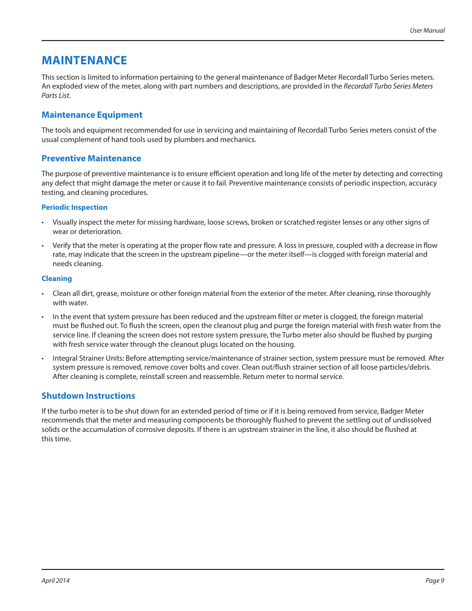 Maintenance, Maintenance equipment, Preventive maintenance | Periodic inspection, Cleaning, Maintenance 9, Maintenance equipment 9 preventive maintenance 9, Periodic inspection 9 cleaning 9 | Badger Meter Water Conditioning User Manual | Page 9 / 20