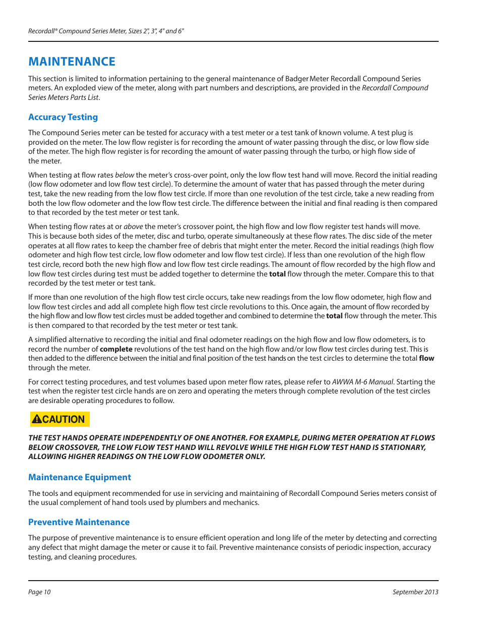 Maintenance, Accuracy testing, Maintenance equipment | Preventive maintenance, Maintenance 10 | Badger Meter Compound Series User Manual | Page 10 / 20