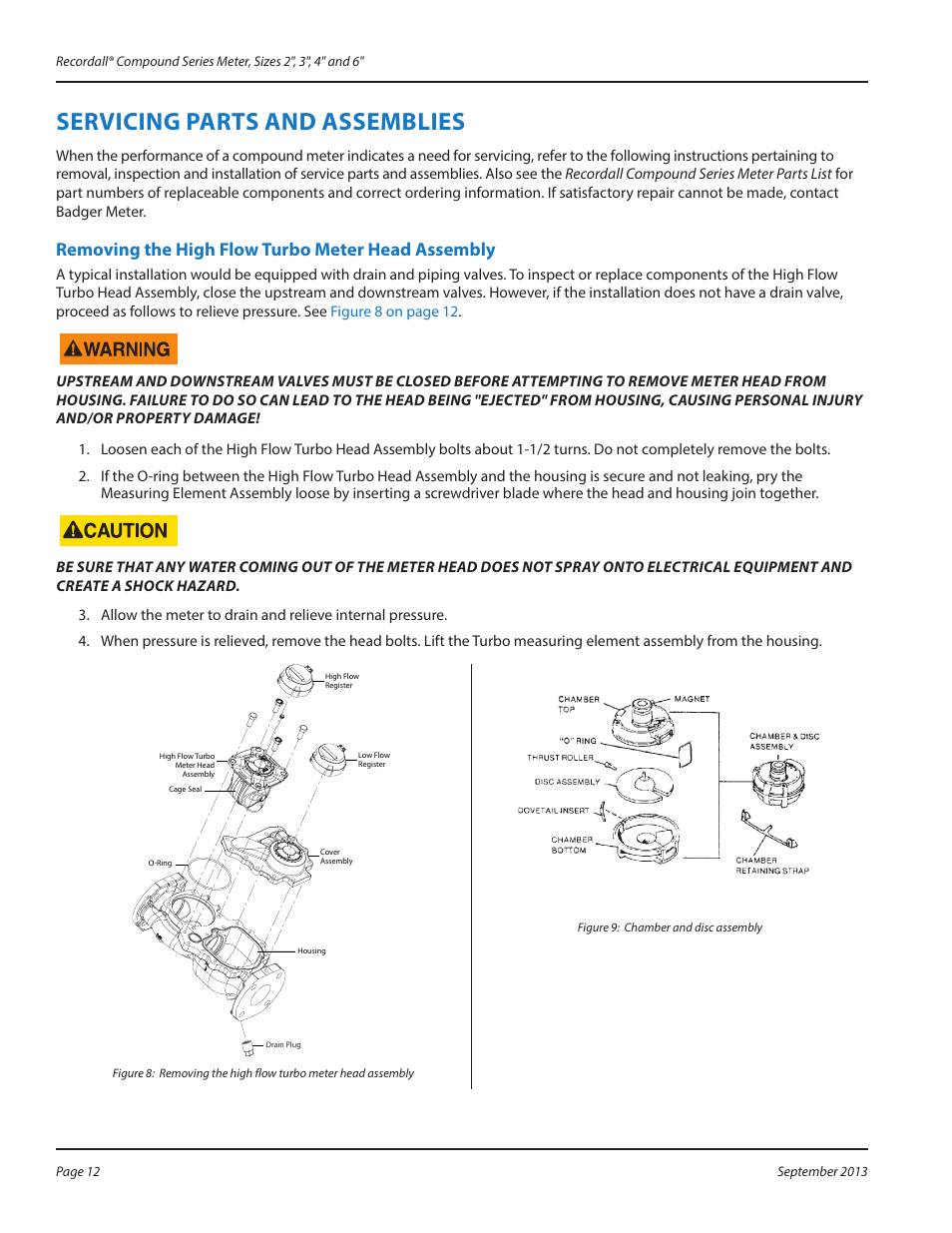 Servicing parts and assemblies, Removing the high flow turbo meter head assembly, Servicing parts and assemblies 12 | Badger Meter Compound Series User Manual | Page 12 / 20