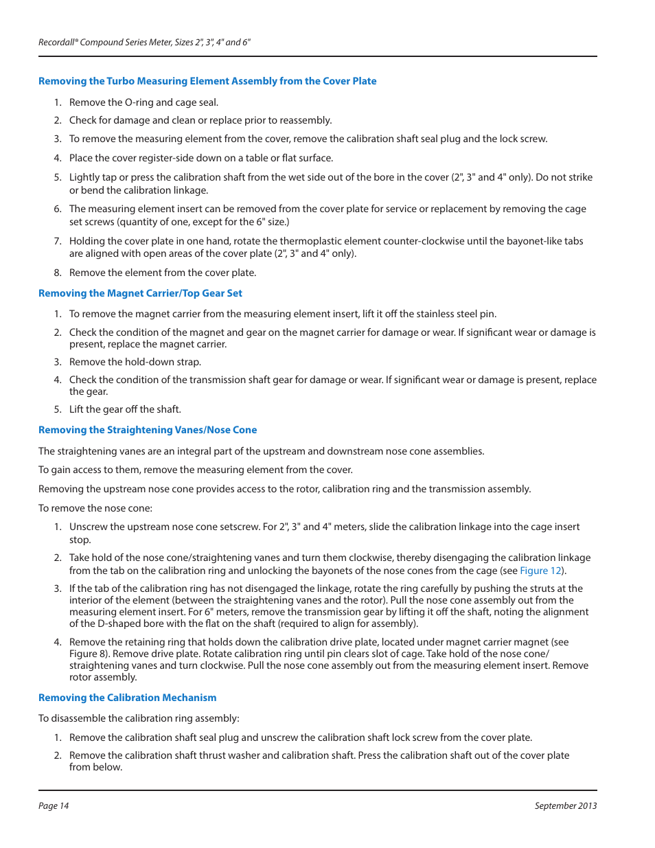Removing the magnet carrier/top gear set, Removing the straightening vanes/nose cone, Removing the calibration mechanism | Badger Meter Compound Series User Manual | Page 14 / 20