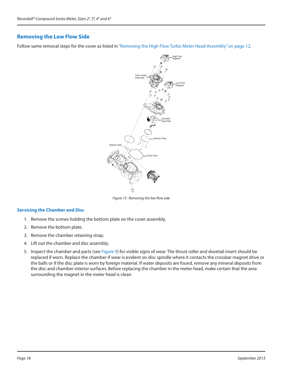 Removing the low flow side, Servicing the chamber and disc, Removing the low flow side 18 | Servicing the chamber and disc 18 | Badger Meter Compound Series User Manual | Page 18 / 20