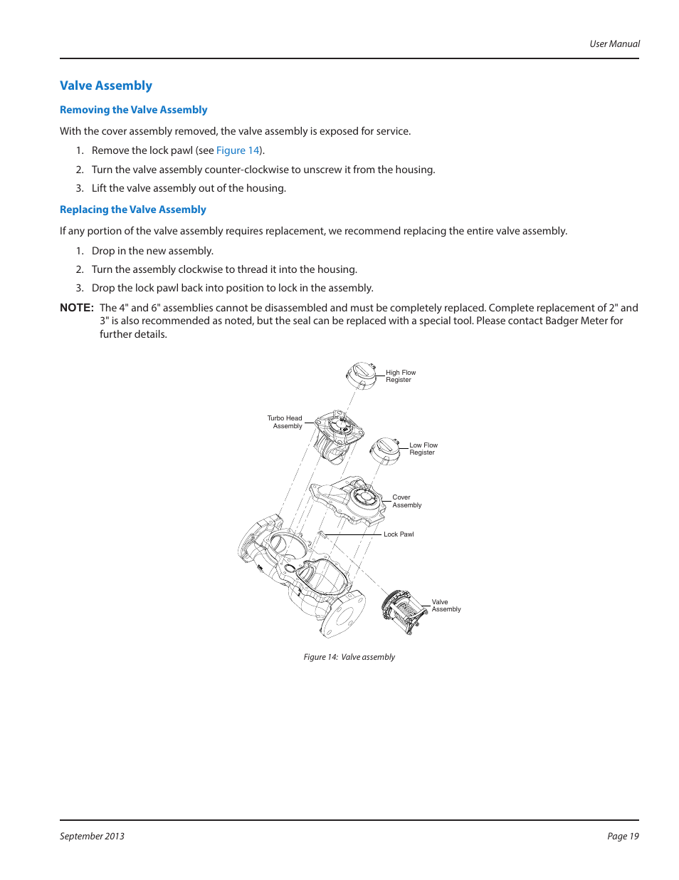 Valve assembly, Removing the valve assembly, Replacing the valve assembly | Valve assembly 19 | Badger Meter Compound Series User Manual | Page 19 / 20