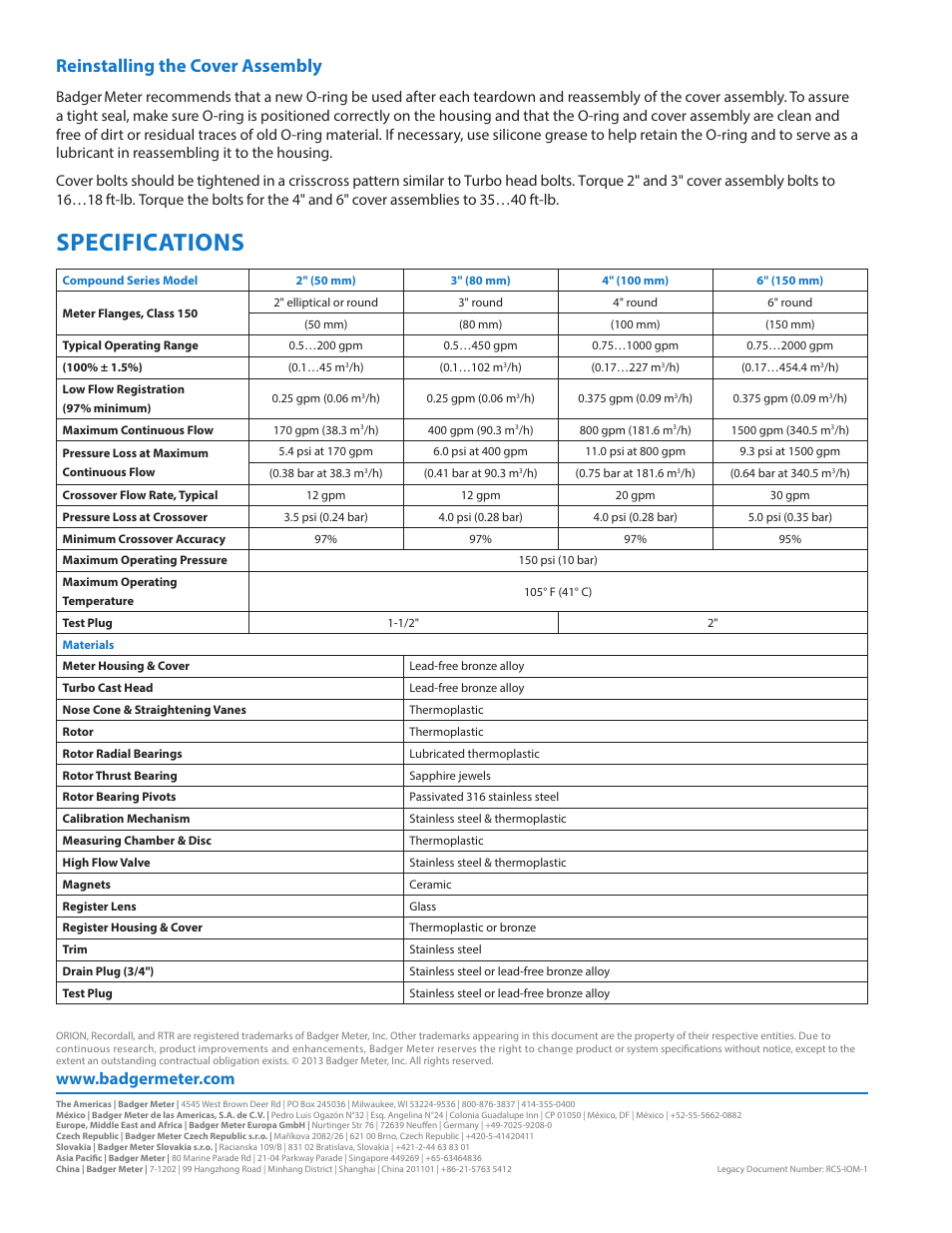 Reinstalling the cover assembly, Specifications, Reinstalling the cover assembly 20 | Specifications 20, Badger | Badger Meter Compound Series User Manual | Page 20 / 20