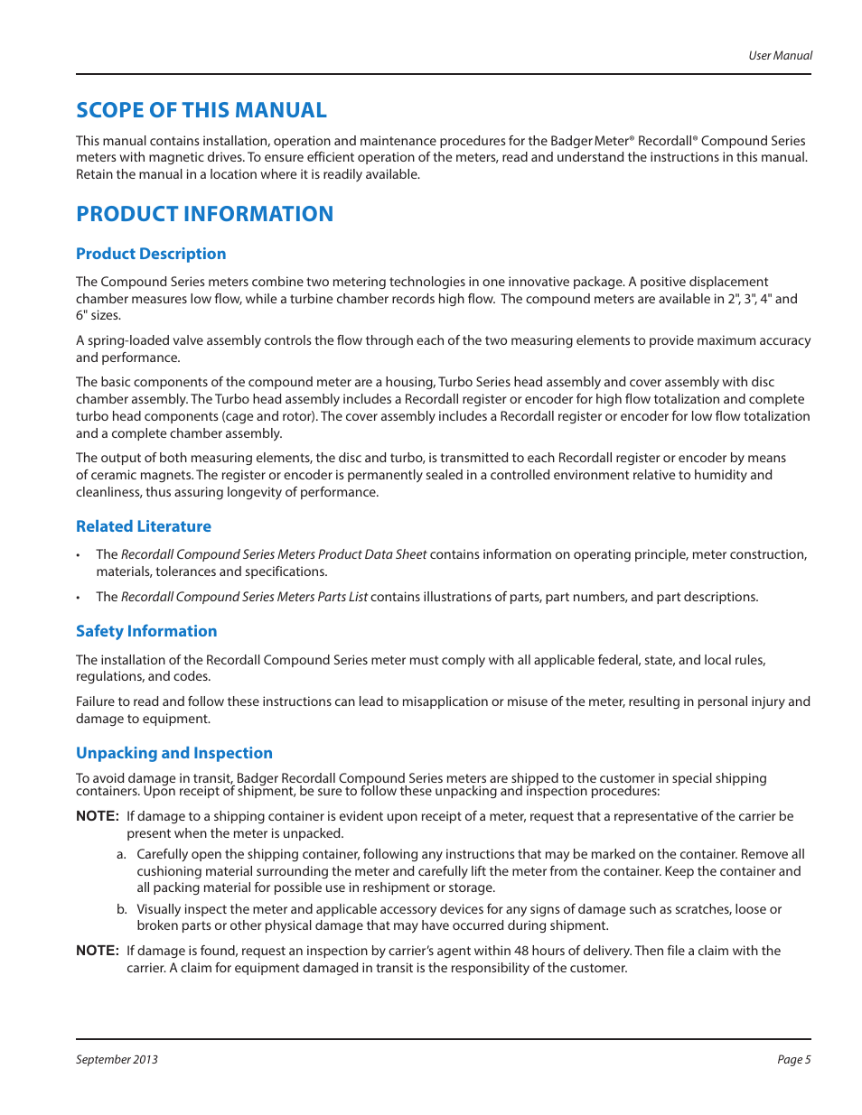 Scope of this manual, Product information, Product description | Related literature, Safety information, Unpacking and inspection, Scope of this manual 5, Product information 5 | Badger Meter Compound Series User Manual | Page 5 / 20