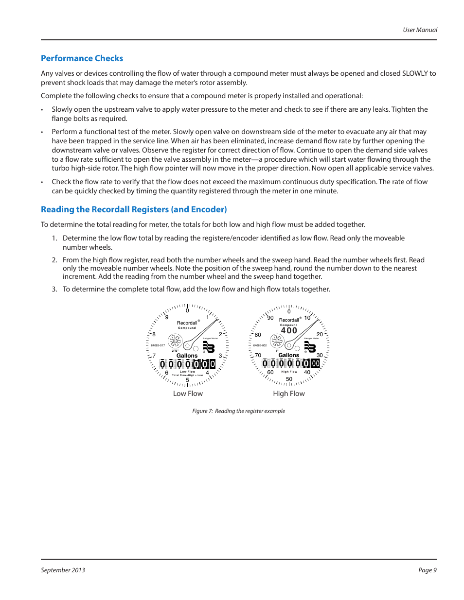 Performance checks, Reading the recordall registers (and encoder), Low flow | High flow | Badger Meter Compound Series User Manual | Page 9 / 20