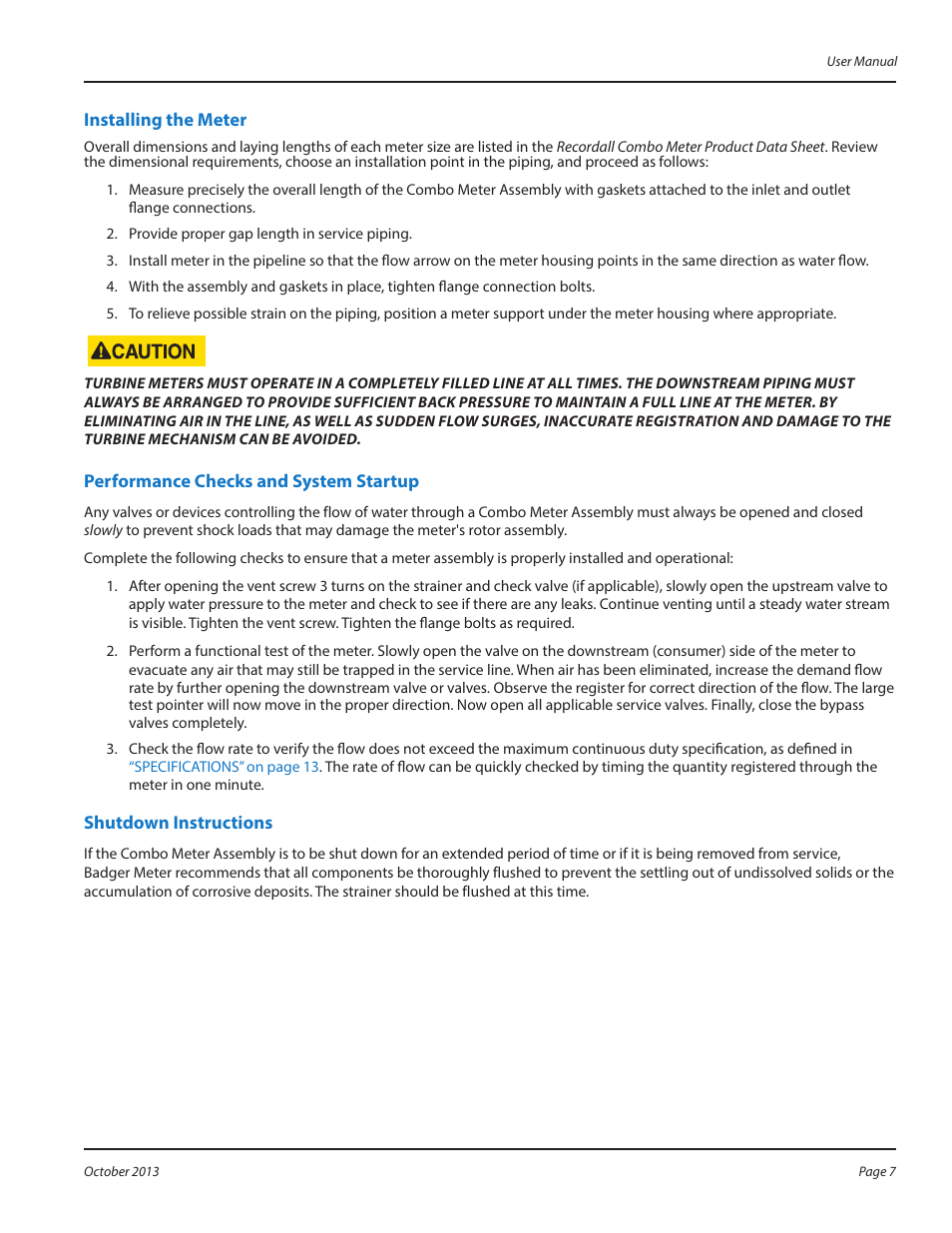 Installing the meter, Performance checks and system startup, Shutdown instructions | Badger Meter Recordall Compound Series Meters User Manual | Page 7 / 16