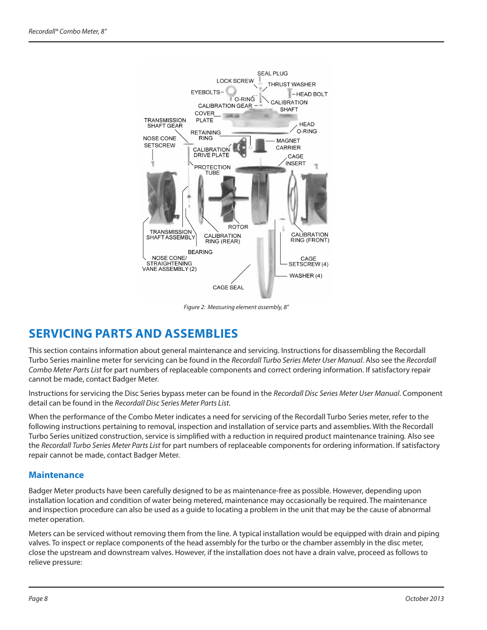 Servicing parts and assemblies, Maintenance | Badger Meter Recordall Compound Series Meters User Manual | Page 8 / 16