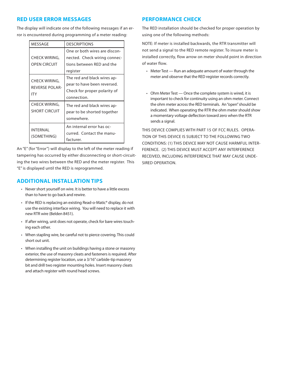 Red user error messages, Additional installation tips, Performance check | Badger Meter Remote Electronic Display (RED) User Manual | Page 4 / 8