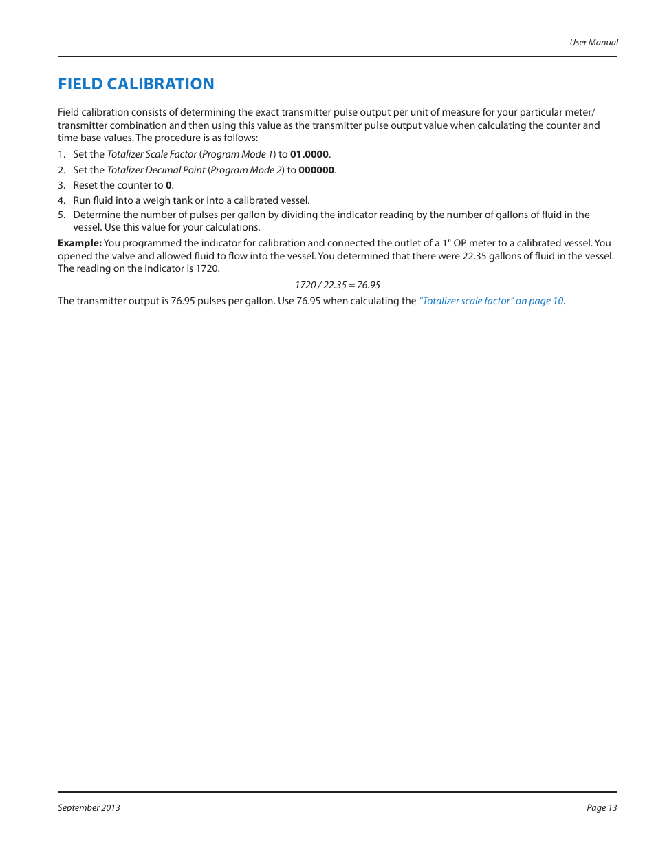 Field calibration, Field calibration 13 | Badger Meter Test Equipment User Manual | Page 13 / 16