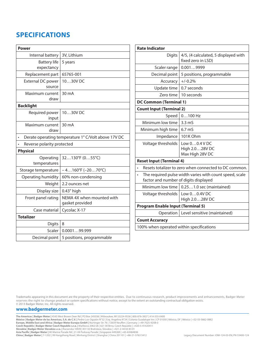 Specifications, Specifications 16 | Badger Meter Test Equipment User Manual | Page 16 / 16