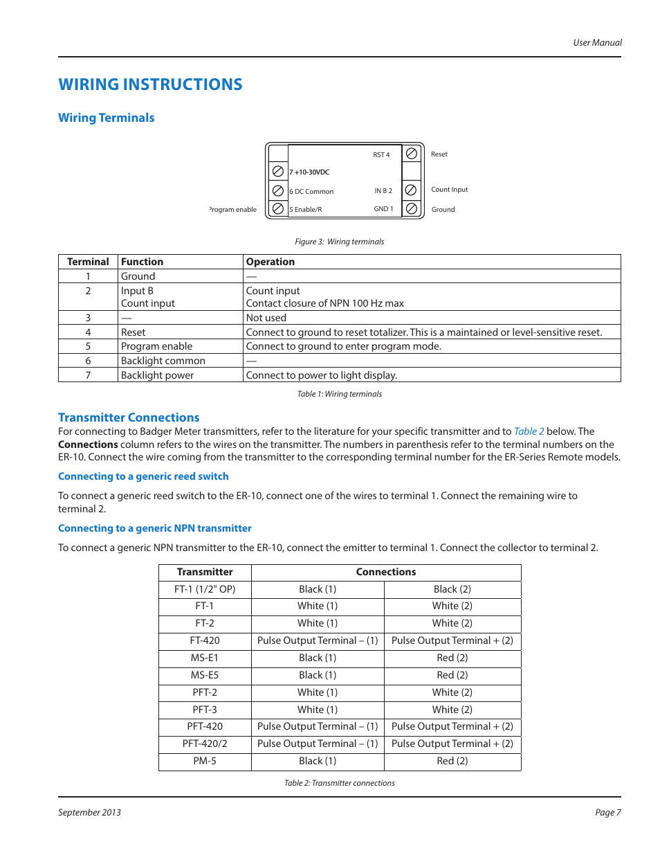 Wiring instructions, Wiring terminals, Transmitter connections | Wiring instructions 7, Wiring terminals 7 transmitter connections 7 | Badger Meter Test Equipment User Manual | Page 7 / 16