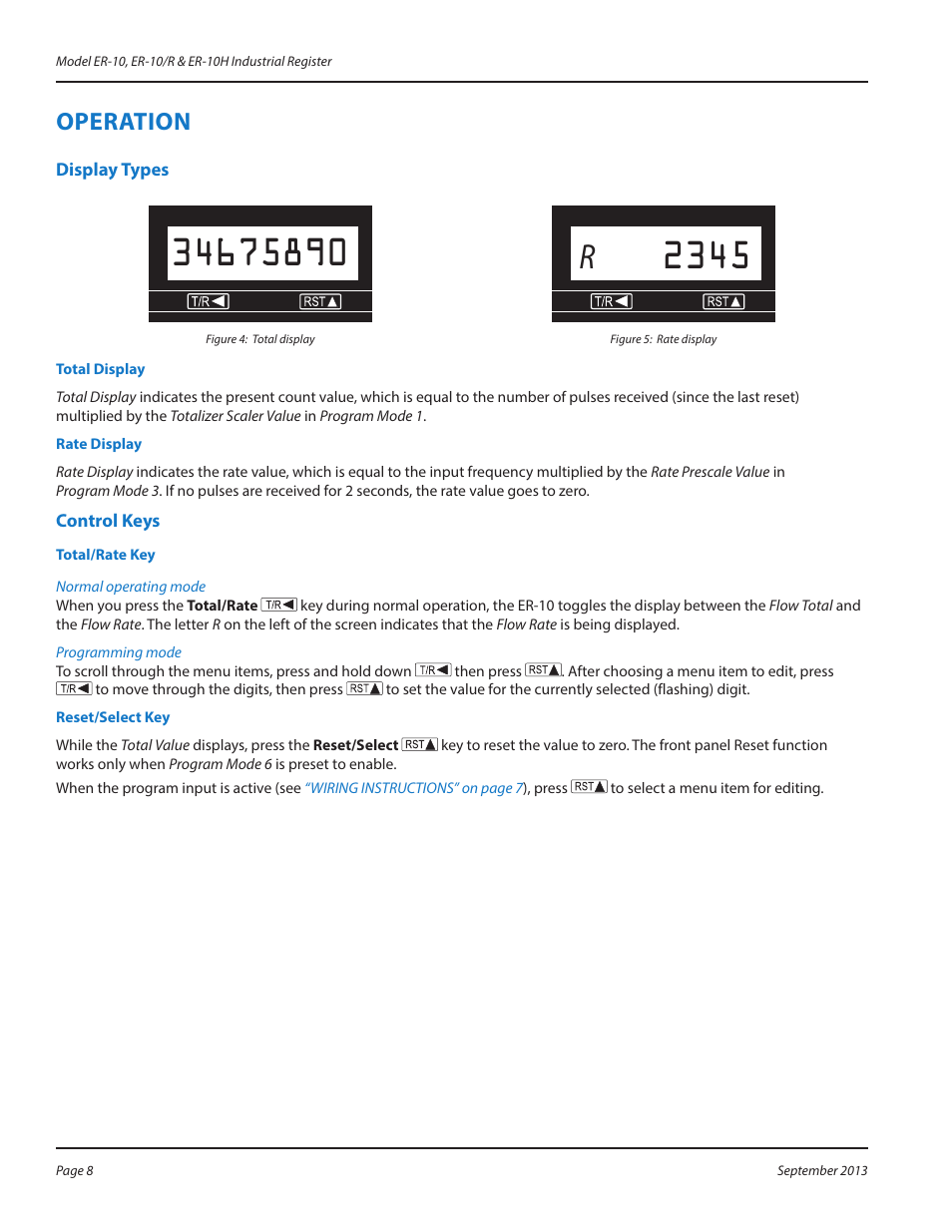 Operation, Display types, Control keys | Operation 8, Display types 8 control keys 8 | Badger Meter Test Equipment User Manual | Page 8 / 16