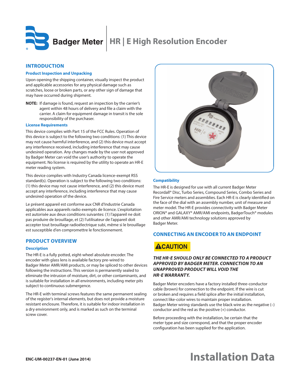 Badger Meter High Resolution Encoders (HR-E) User Manual | 2 pages