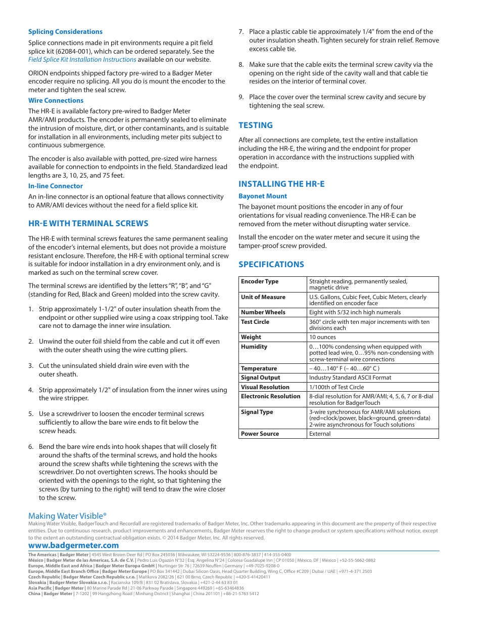 Hr-t with ttrminal scrtws, Ttsting, Installing tht hr-t | Sptcifications, Making water visible | Badger Meter High Resolution Encoders (HR-E) User Manual | Page 2 / 2