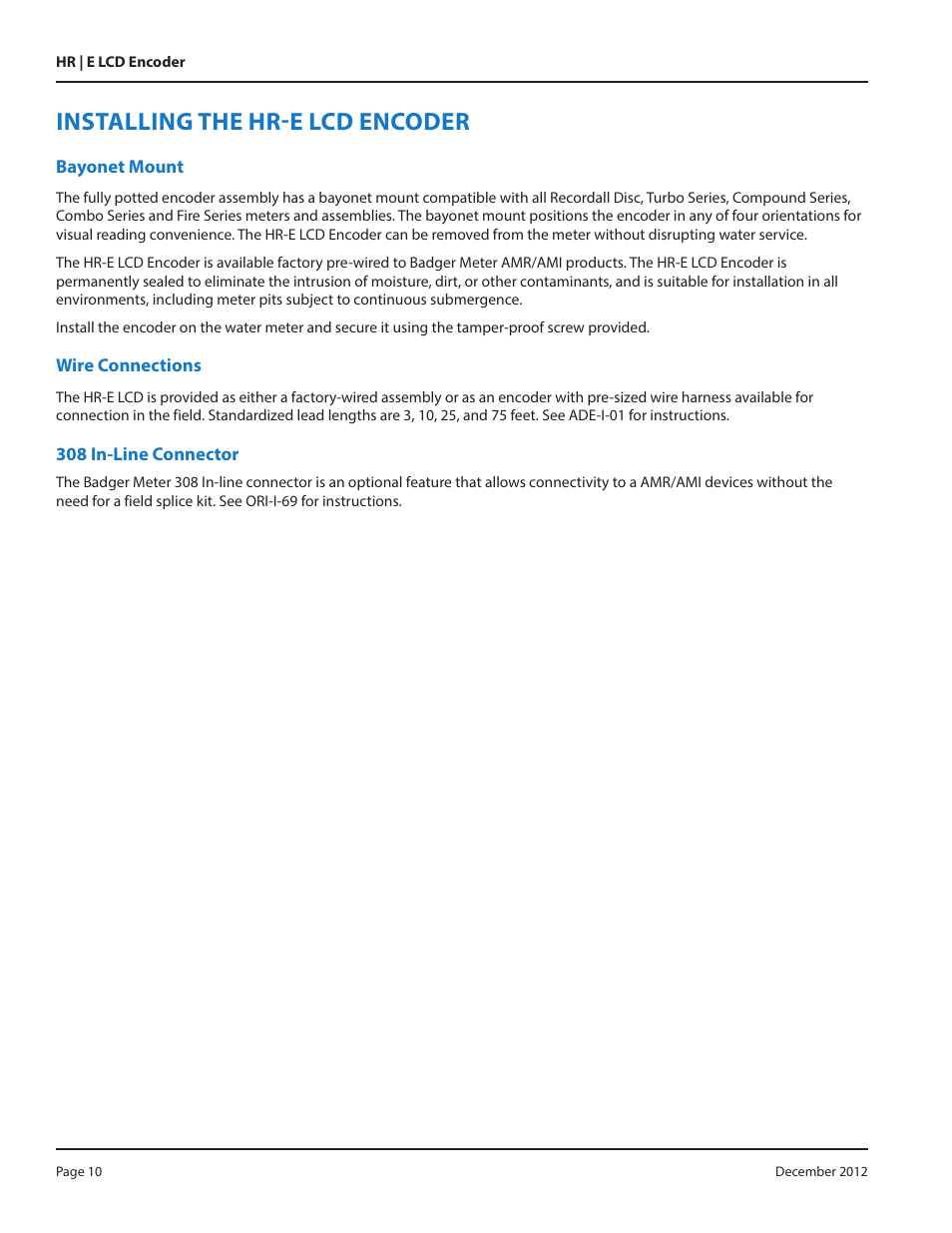 Installing the hr-e lcd encoder, Bayonet mount, Wire connections | 308 in-line connector, Installing the hr-e lcd encoder 10 | Badger Meter High Resolution LCD Encoders (HR-E LCD) User Manual | Page 10 / 24