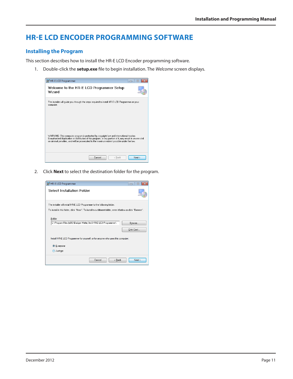 Hr-e lcd encoder programming software, Installing the program, Hr-e lcd encoder programming software 11 | Installing the program 11 | Badger Meter High Resolution LCD Encoders (HR-E LCD) User Manual | Page 11 / 24