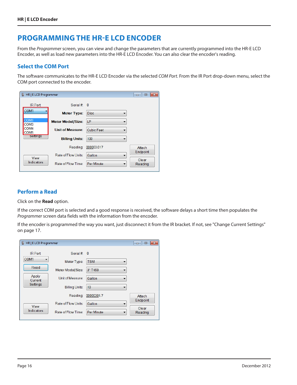 Programming the hr-e lcd encoder, Select the com port, Perform a read | Programming the hr-e lcd encoder 16, Select the com port 16 perform a read 16 | Badger Meter High Resolution LCD Encoders (HR-E LCD) User Manual | Page 16 / 24