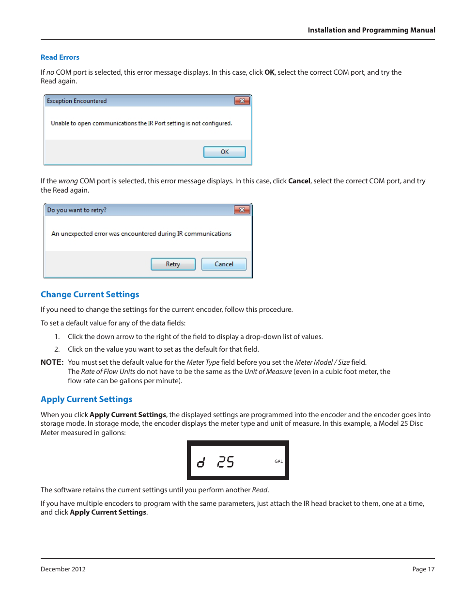 Read errors, Change current settings, Apply current settings | Read errors 17 | Badger Meter High Resolution LCD Encoders (HR-E LCD) User Manual | Page 17 / 24