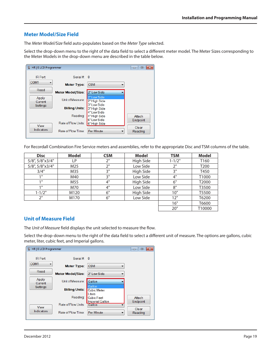 Meter model/size field, Unit of measure field, Meter model/size field 19 unit of measure field 19 | Badger Meter High Resolution LCD Encoders (HR-E LCD) User Manual | Page 19 / 24