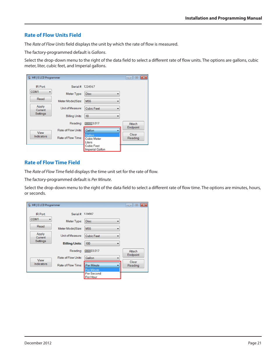 Rate of flow units field, Rate of flow time field | Badger Meter High Resolution LCD Encoders (HR-E LCD) User Manual | Page 21 / 24