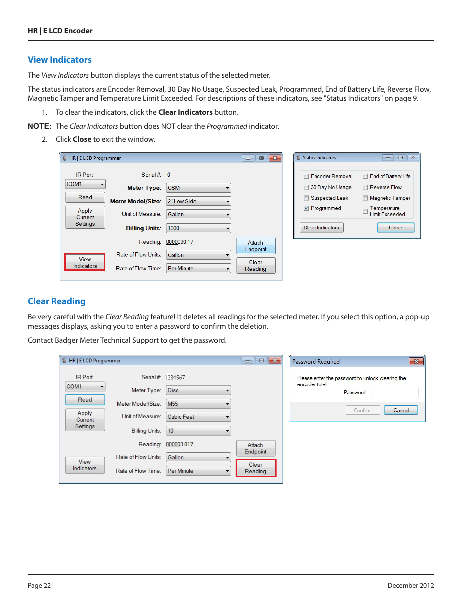 View indicators, Clear reading, View indicators 22 clear reading 22 | Badger Meter High Resolution LCD Encoders (HR-E LCD) User Manual | Page 22 / 24