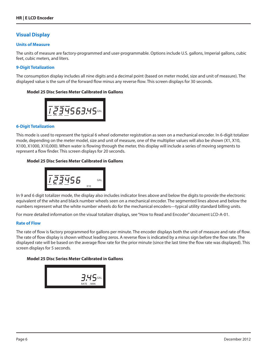 Visual display, Units of measure, Digit totalization | Rate of flow, Visual display 6, Units of measure 6, Digit totalization 6, Rate of flow 6 | Badger Meter High Resolution LCD Encoders (HR-E LCD) User Manual | Page 6 / 24