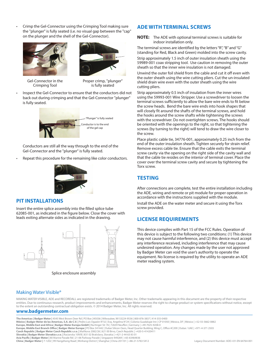 Pit installations, Ade with terminal screws, Testing | License requirements, Making water visible | Badger Meter Absolute Digital Encoder (ADE) User Manual | Page 2 / 2