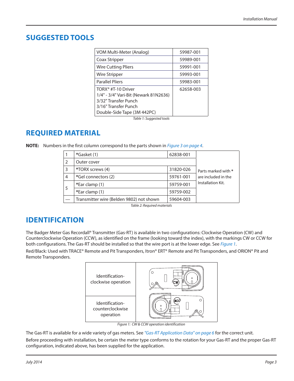 Suggested tools, Required material, Identification | Suggested tools 3, Required material 3, Identification 3 | Badger Meter Gas Meter Endpoints User Manual | Page 3 / 8