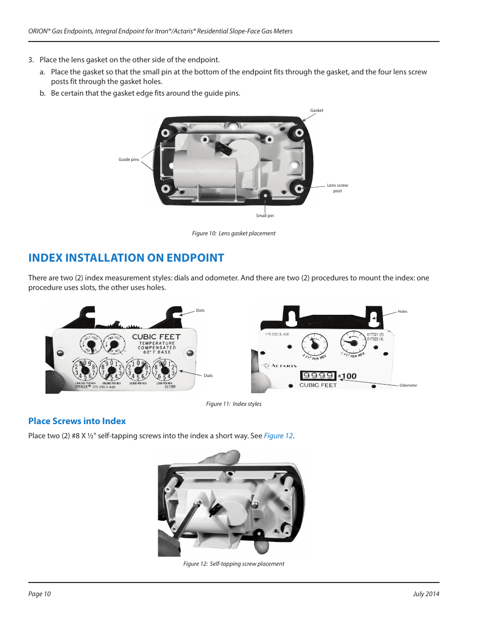 Index installation on endpoint, Place screws into index, Index installation on endpoint 10 | Place screws into index 10 | Badger Meter ORION AMR/AMI Hardware Solutions for Gas Utilities User Manual | Page 10 / 16