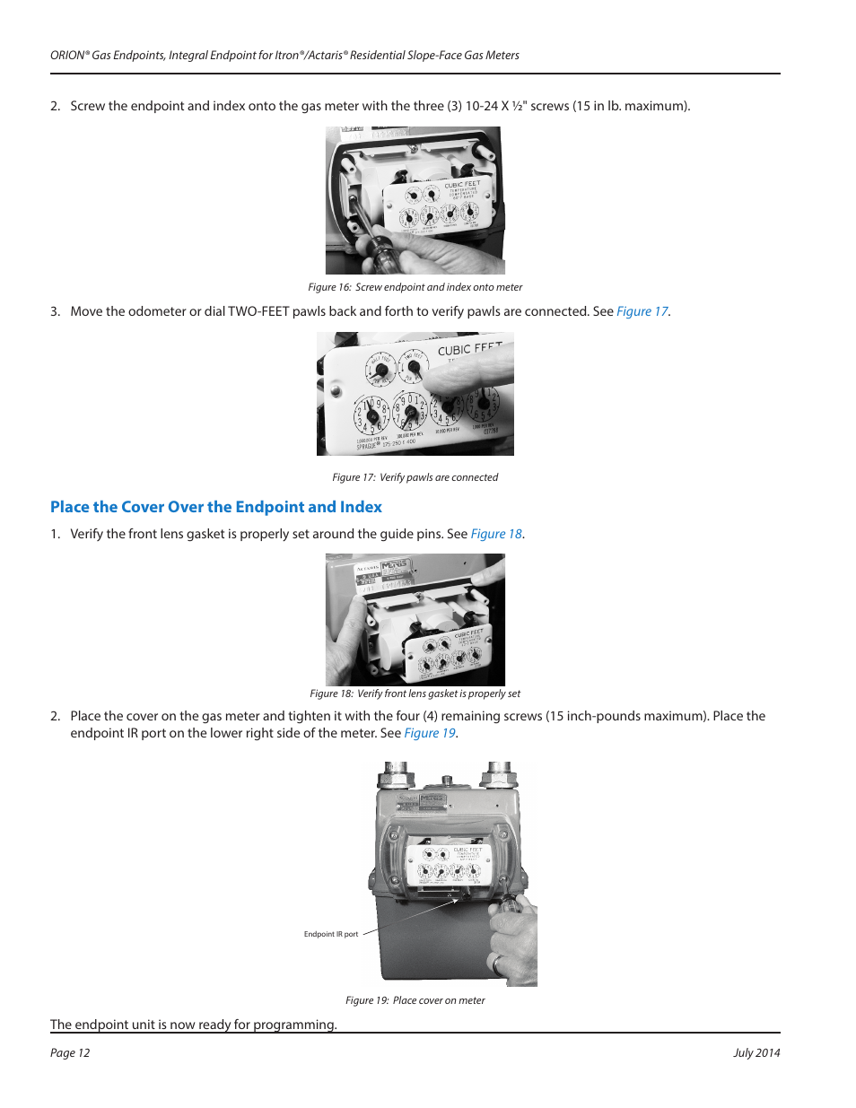 Place the cover over the endpoint and index, Place the cover over the endpoint and index 12 | Badger Meter ORION AMR/AMI Hardware Solutions for Gas Utilities User Manual | Page 12 / 16